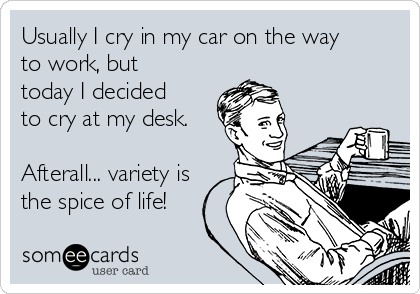 Usually I cry in my car on the way
to work, but
today I decided
to cry at my desk.

Afterall... variety is
the spice of life!