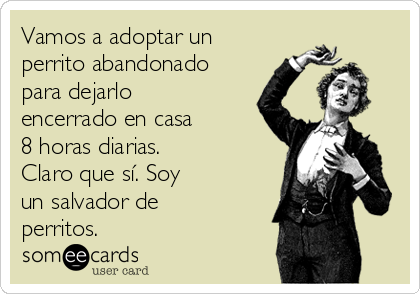 Vamos a adoptar un
perrito abandonado
para dejarlo
encerrado en casa
8 horas diarias.
Claro que sí. Soy
un salvador de
perritos.