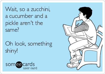 Wait, so a zucchini,
a cucumber and a
pickle aren't the
same? 

Oh look, something
shiny!