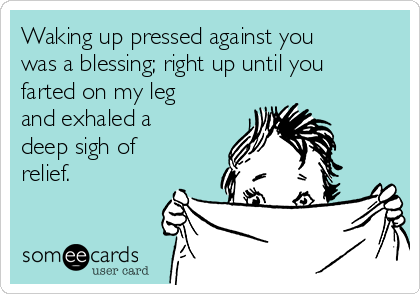 Waking up pressed against you
was a blessing; right up until you
farted on my leg
and exhaled a
deep sigh of
relief.