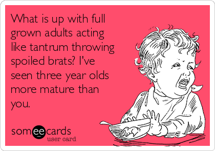What is up with full
grown adults acting
like tantrum throwing
spoiled brats? I've
seen three year olds
more mature than
you.