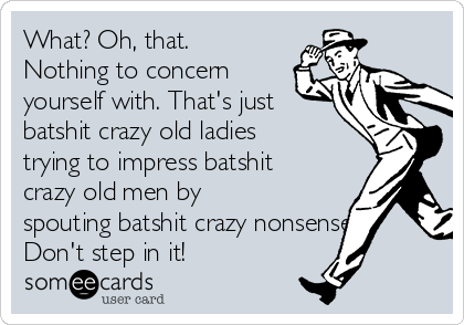 What? Oh, that.
Nothing to concern
yourself with. That's just
batshit crazy old ladies
trying to impress batshit
crazy old men by
spouting batshit crazy nonsense.
Don't step in it!