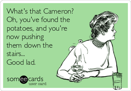 What's that Cameron?
Oh, you've found the
potatoes, and you're
now pushing
them down the
stairs...
Good lad.