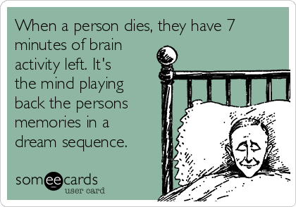 When a person dies, they have 7
minutes of brain
activity left. It's
the mind playing
back the persons
memories in a
dream sequence.