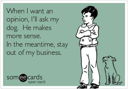 When I want an
opinion, I'll ask my
dog.  He makes
more sense.
In the meantime, stay
out of my business.