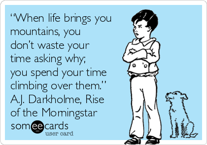 “When life brings you
mountains, you
don’t waste your
time asking why;
you spend your time
climbing over them.”
A.J. Darkholme, Rise
of the Morningstar