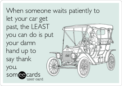 When someone waits patiently to
let your car get
past, the LEAST
you can do is put
your damn
hand up to
say thank
you.