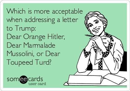 Which is more acceptable
when addressing a letter
to Trump:
Dear Orange Hitler,
Dear Marmalade
Mussolini, or Dear
Toupeed Turd?