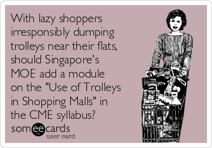 With lazy shoppers
irresponsibly dumping
trolleys near their flats,
should Singapore's
MOE add a module 
on the "Use of Trolleys
in Shopping Malls" in
the CME syllabus?