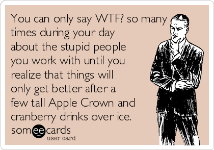 You can only say WTF? so many
times during your day
about the stupid people
you work with until you
realize that things will
only get better after a
few tall Apple Crown and
cranberry drinks over ice. 