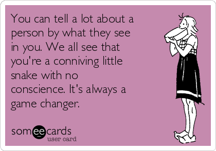 You can tell a lot about a 
person by what they see
in you. We all see that 
you're a conniving little
snake with no 
conscience. It's always a
game changer.