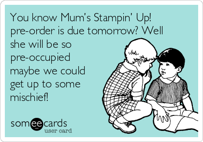 You know Mum’s Stampin’ Up!
pre-order is due tomorrow? Well
she will be so
pre-occupied
maybe we could
get up to some
mischief!