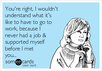 You're right, I wouldn't
understand what it's
like to have to go to
work, because I
never had a job &
supported myself
before I met
you...